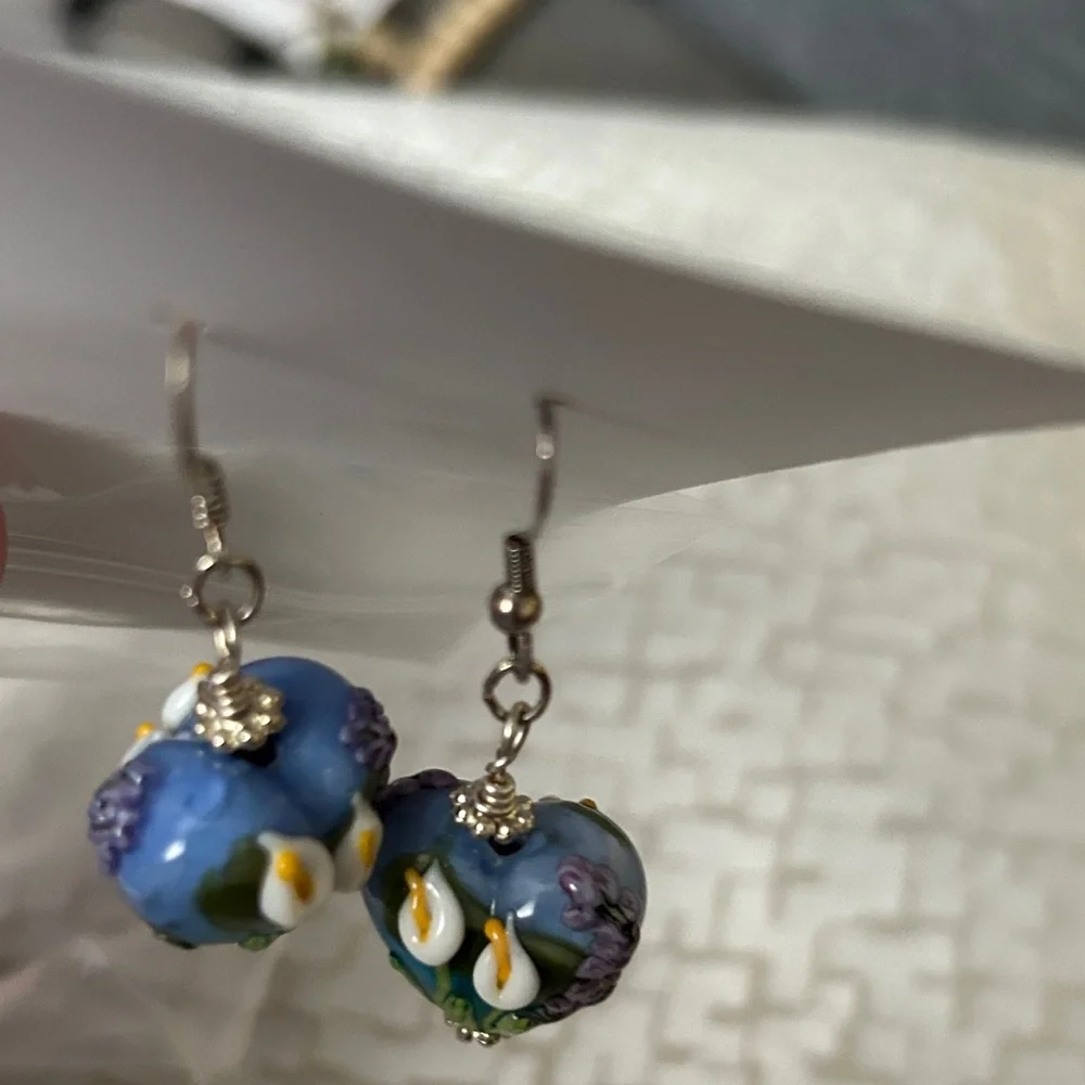 Glass Heart-Shaped Floral Earrings